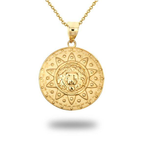 Solid 14K Gold Lion Head Sun Shield of Protection Pendant Necklace